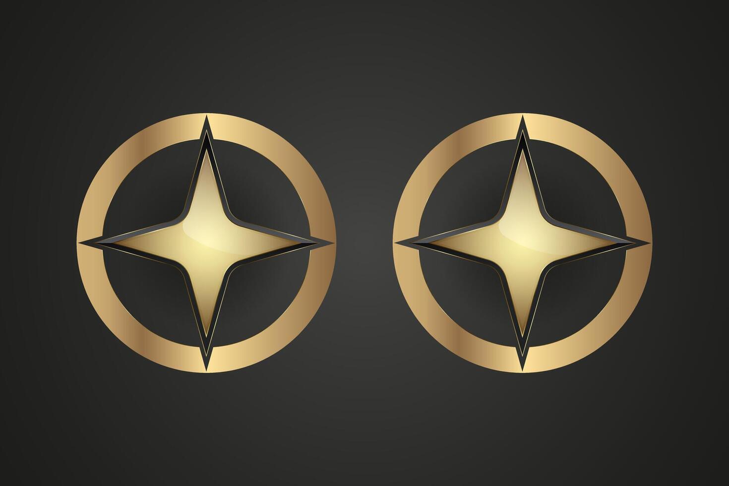 Two sleeks, four-pointed golden star at its center, exuding a sense of prestige and refinement. set of two stars is enclosed within a bold, metallic gold circular frame vector