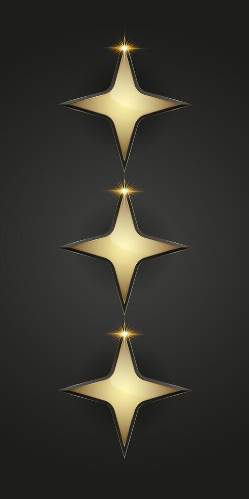 Set of three golden stars with smooth, reflective surfaces, radiating luxury and elegance. vector