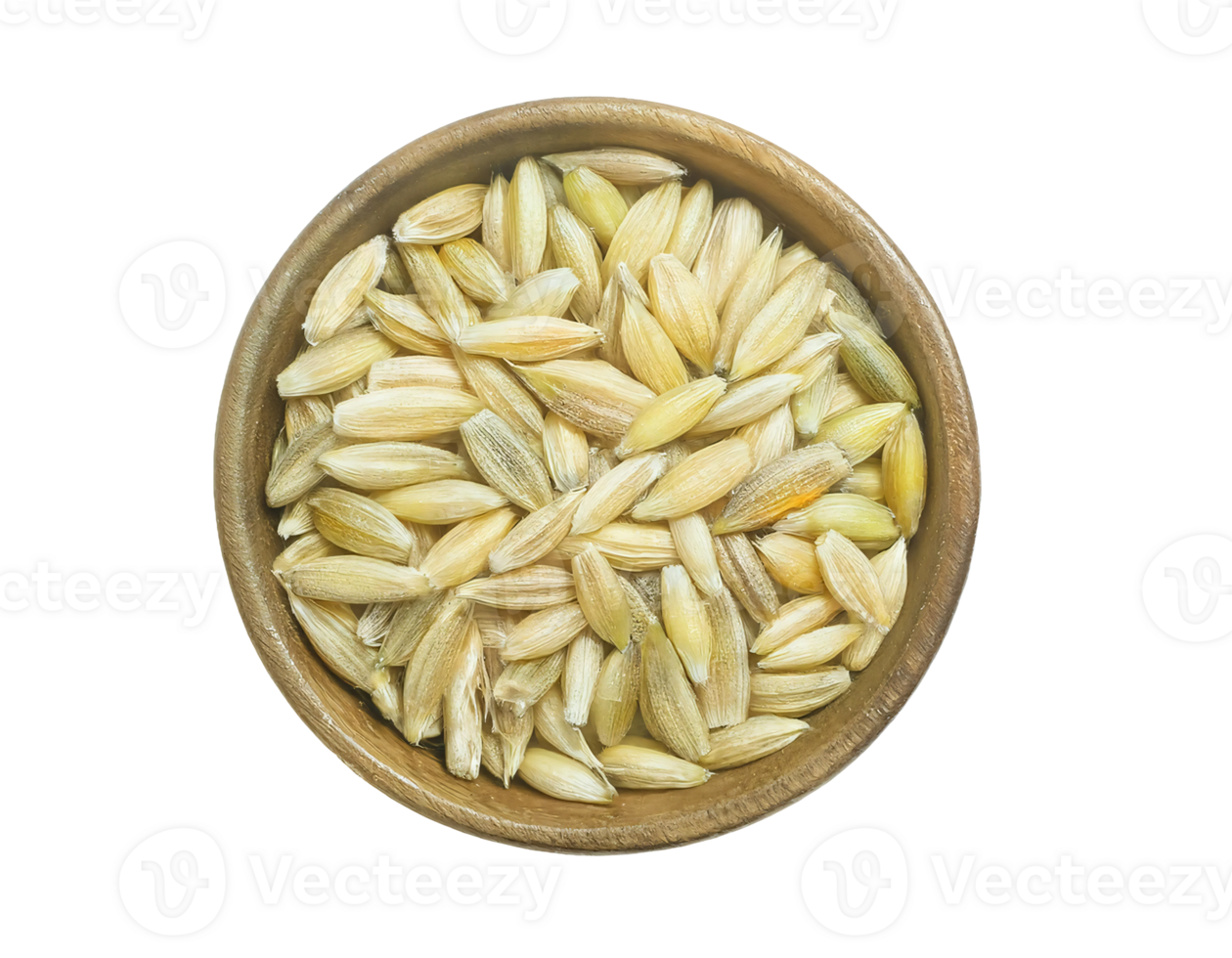 top view of natural paddy grains in wooden bowl on isolated background, raw rice seeds for agriculture, farming, and organic food concepts png