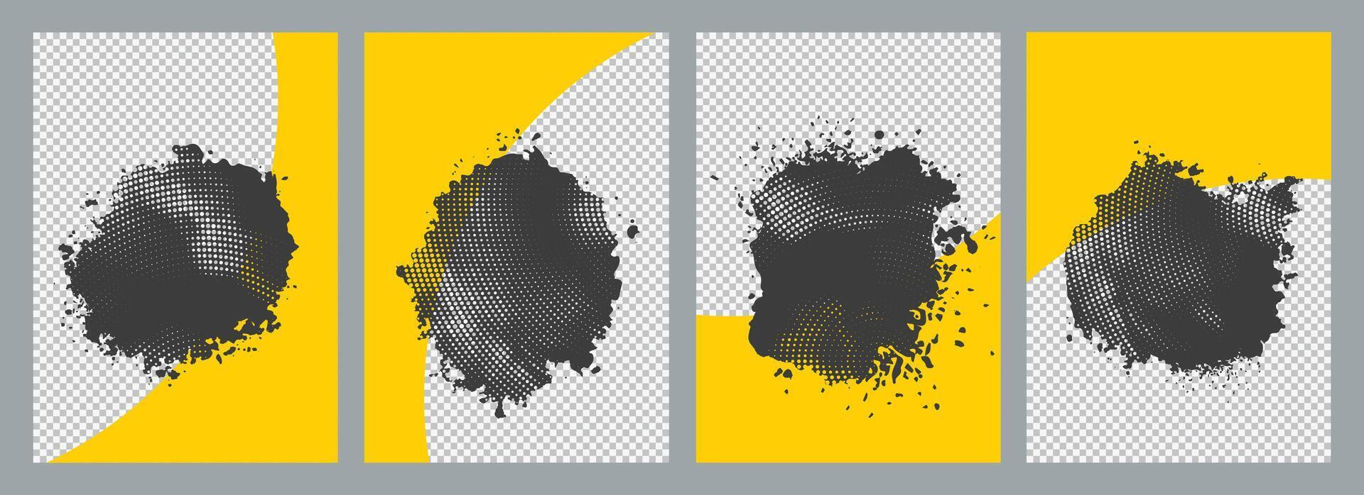 Abstract black and yellow brochure cover with Grunge halftone patch template design set vector