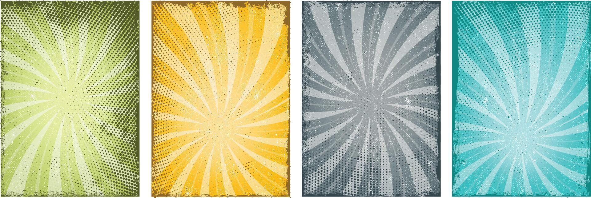 Set of Various light colors grunge retro type style Brochure cover template design with sunbeam ray art vector