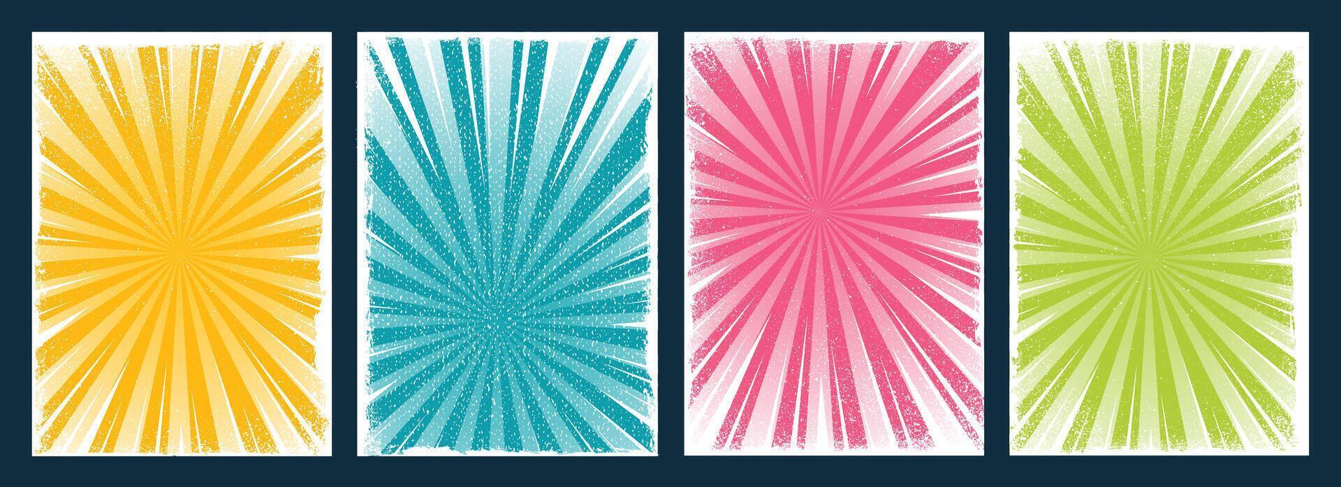 Set of Various colors grunge retro style Brochure cover template design with sunbeam ray art vector