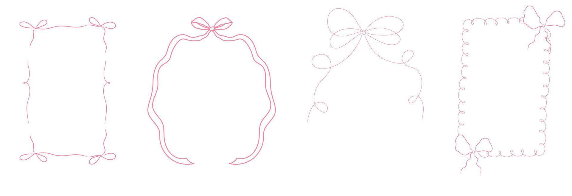 Romantic coquette ribbon frame, wedding ornate curly border collection. Hand drawn doodle sketch girly retro decorations. vector