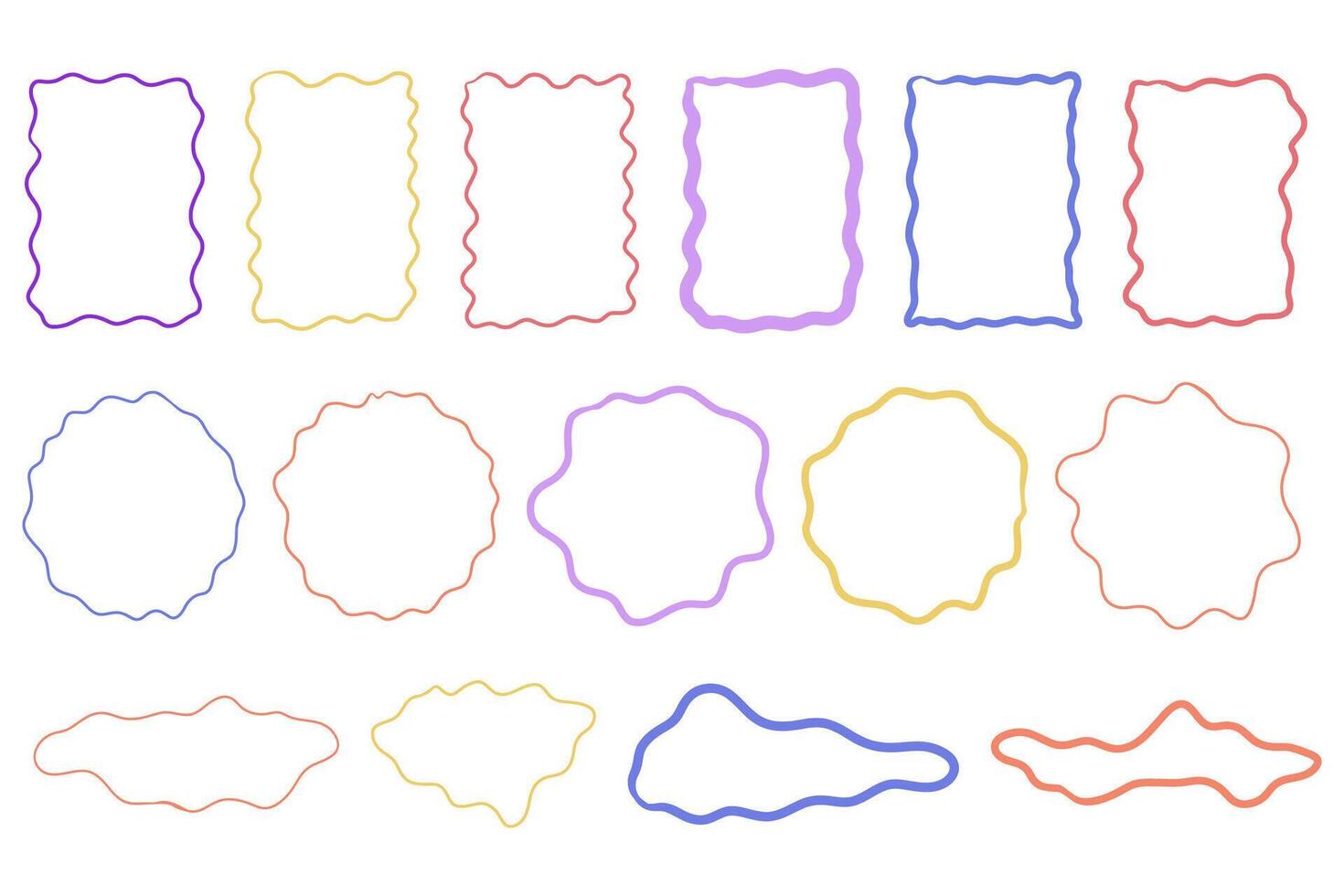 Zig zag frame border squiggle wavy set, underline brush stroke curved edges hand drawn empty tet box. Speech bubble badge jagged abstract shape. vector