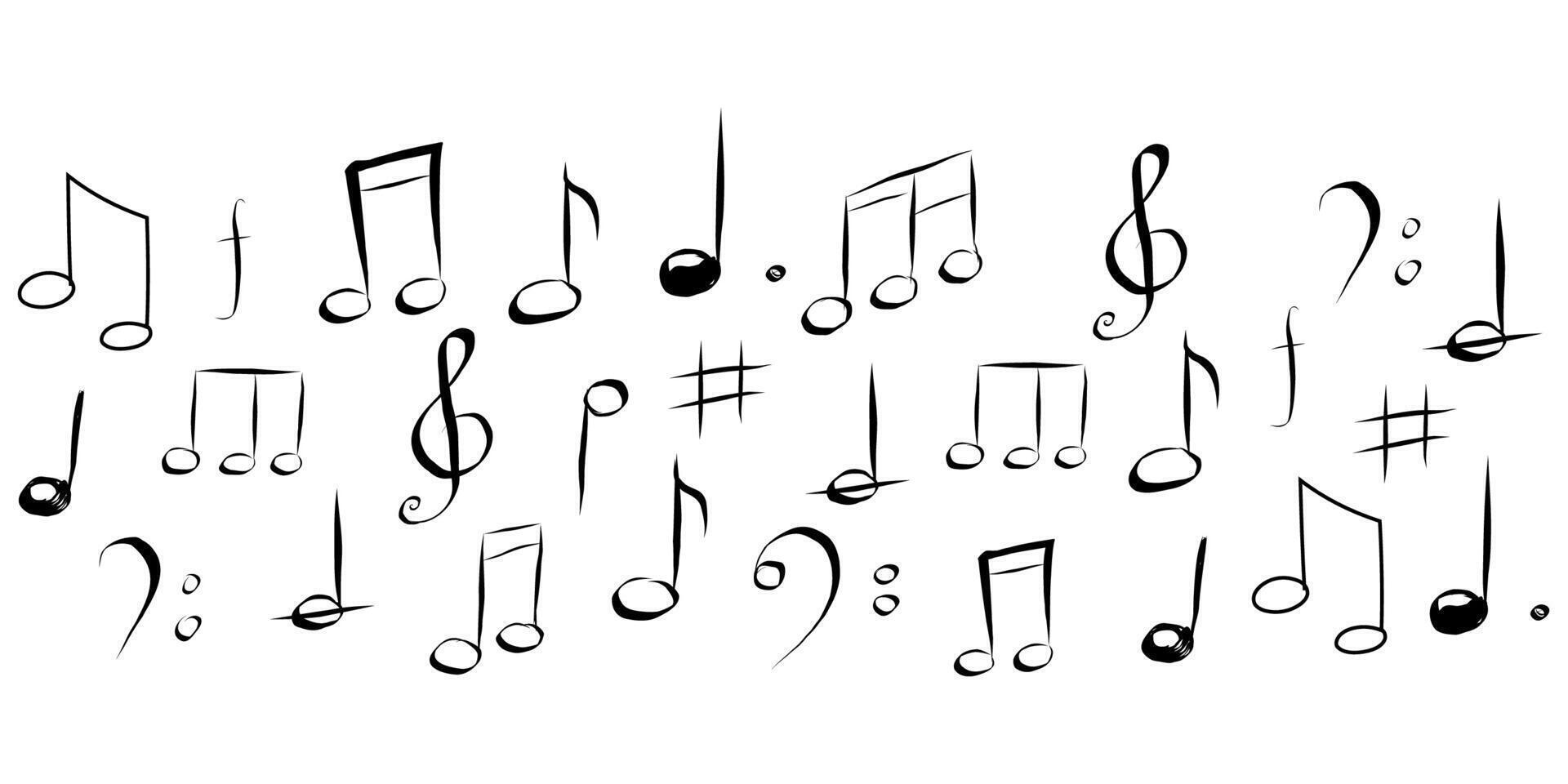 Music note hand drawn sketch silhouette, cute doodle melody. Line music seamless border elements. Simple marks, sound. vector