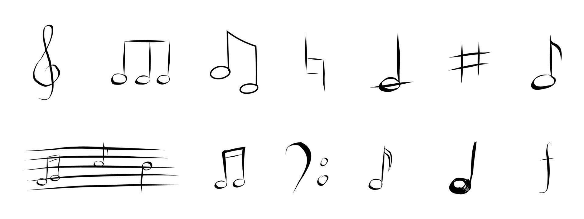 Music note hand drawn sketch silhouette, cute doodle melody. Line music elements. Simple marks, sound. vector