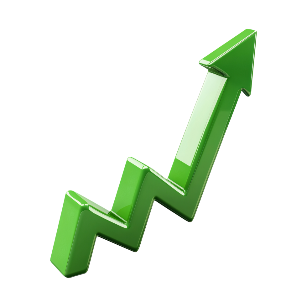 3D green upward arrow graph symbolizing growth, success, and progress in business isolated on transparent background png