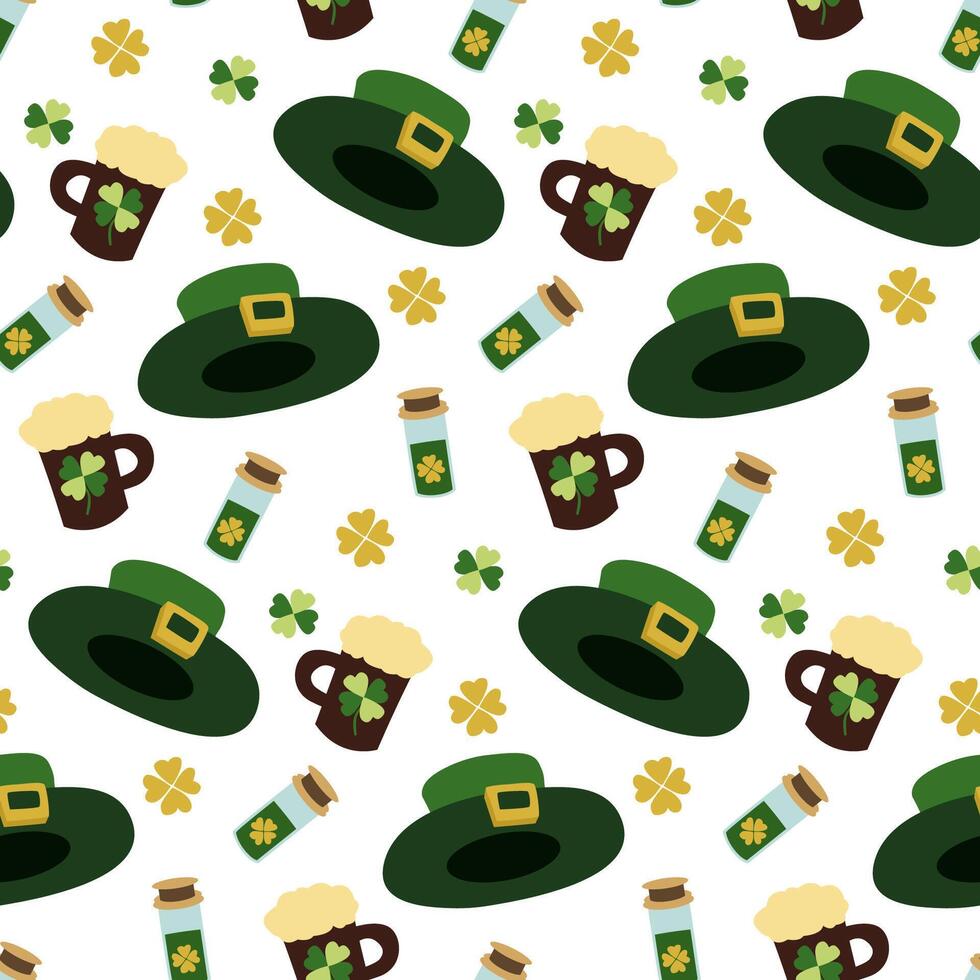 Celebratory symbols of St. Patrick s Day with green hats, beer mugs, and clovers arranged in a fun, flat design vector