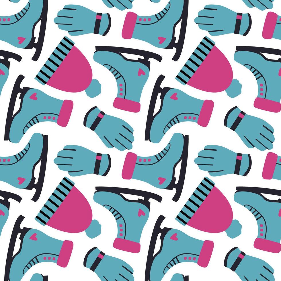Winter sports pattern featuring skates, hats, and gloves in vibrant colors arranged for a festive design vector