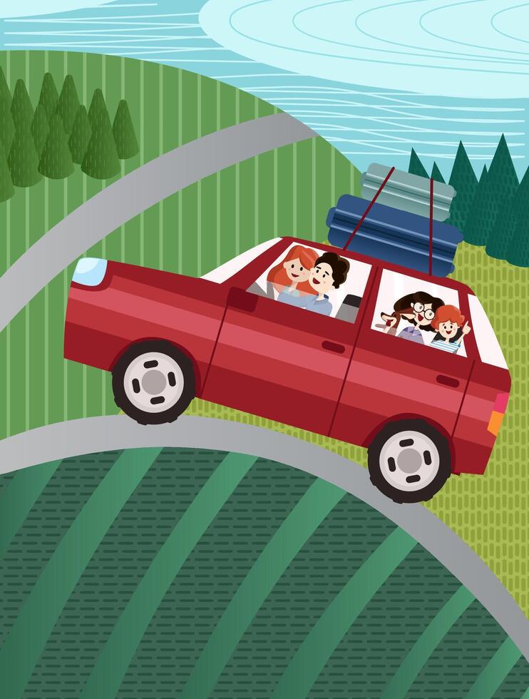 Family adventure in a red car driving on a winding road near a lake surrounded by green hills vector