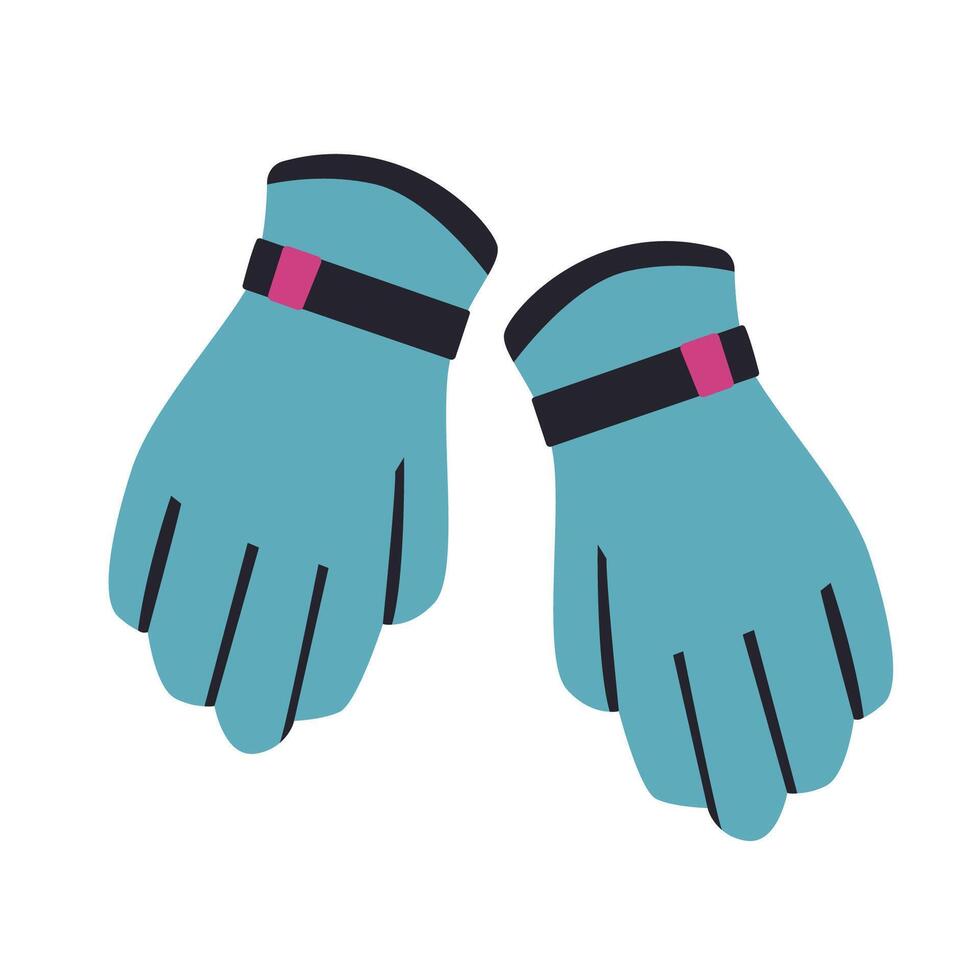 Bright blue gloves designed for outdoor winter activities lying side by side on a white surface. . Flat style. vector