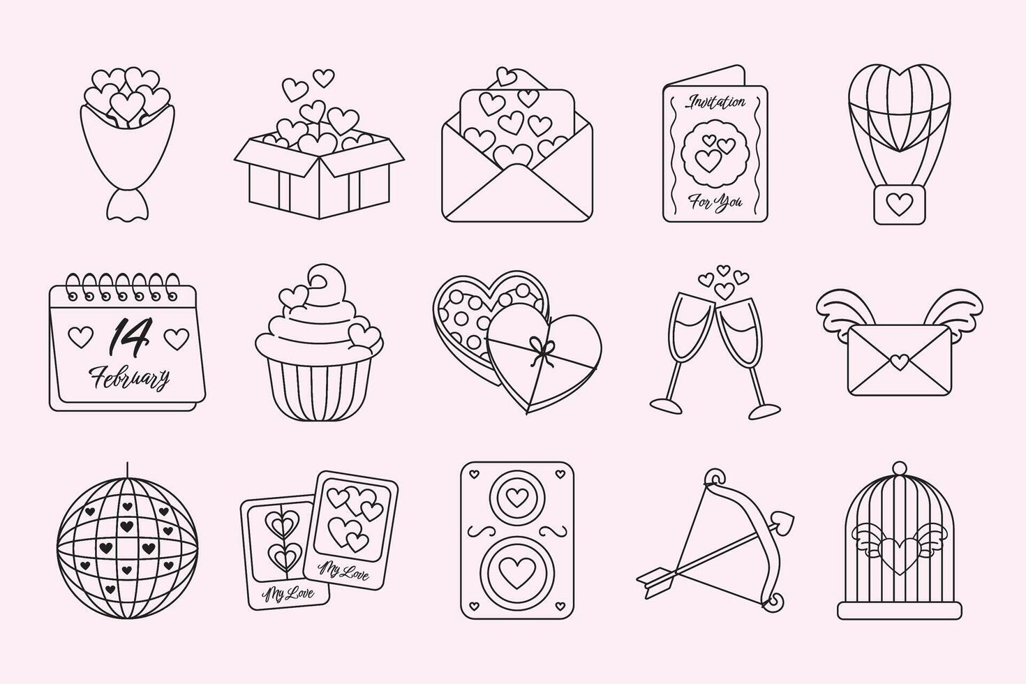 Valentine Party Outline Hand Drawn Collection Set vector