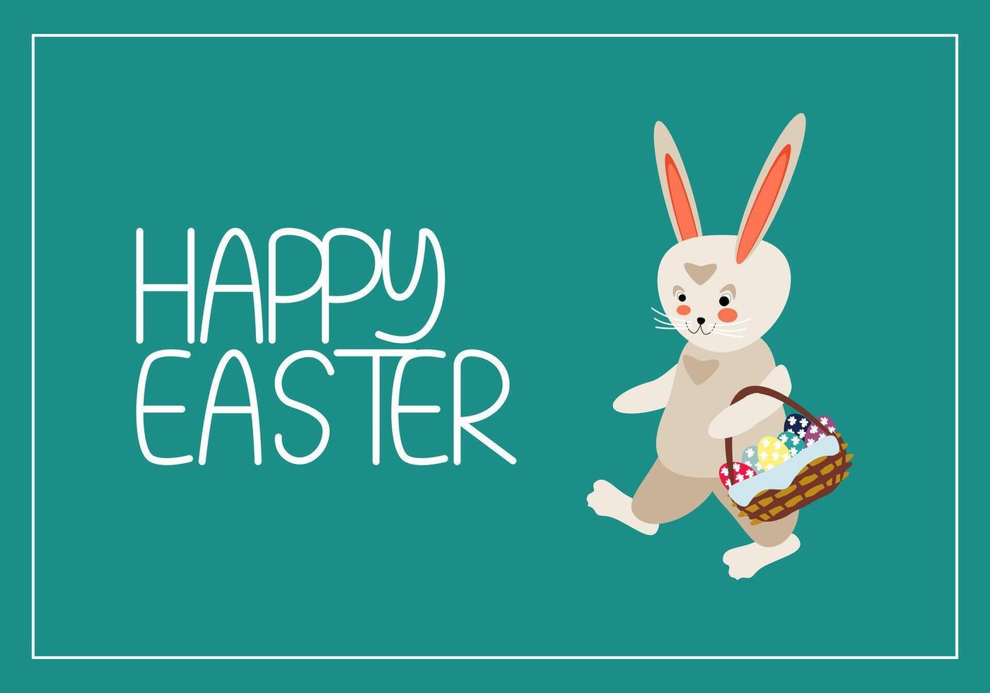 Easter bunny walking with basket of colorful eggs - postcard vector