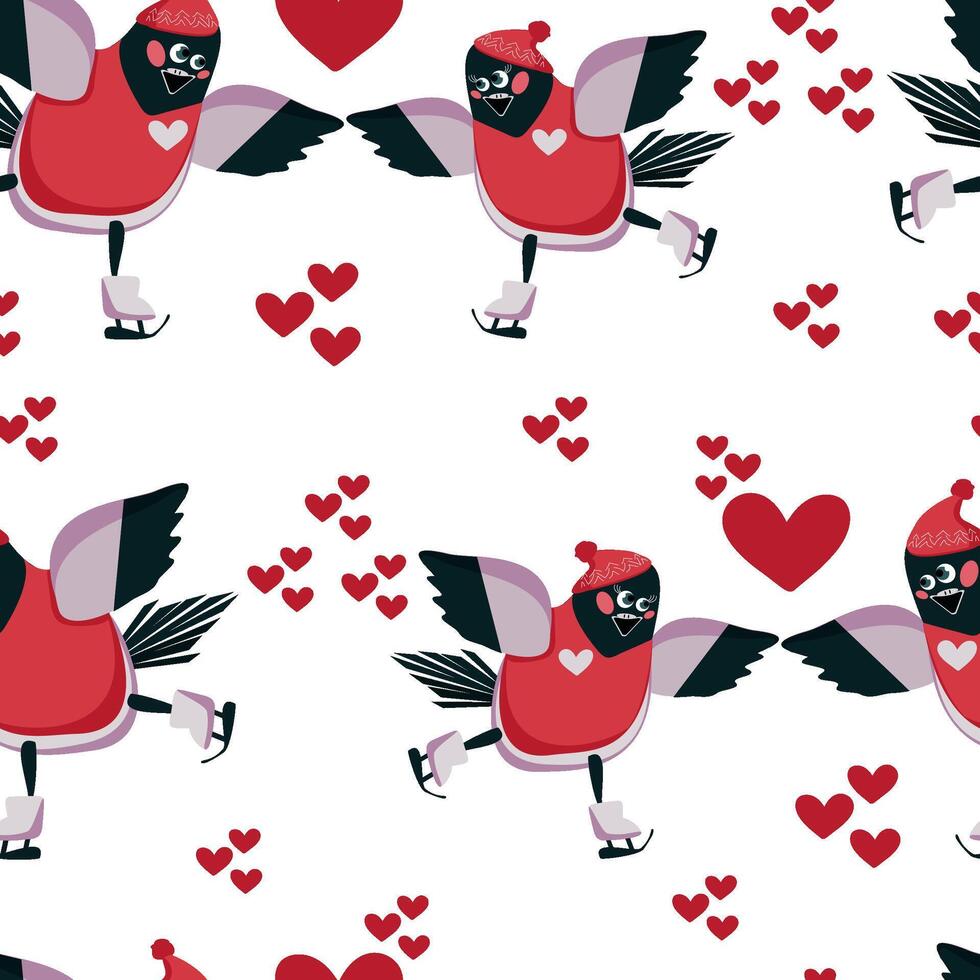 Seamless pattern cartoon bullfinches in love on skates vector
