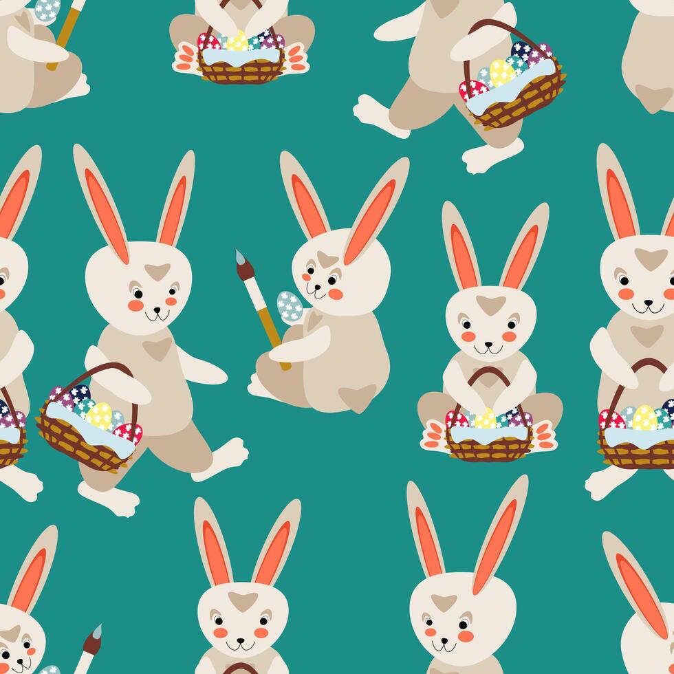 Seamless easter pattern easter bunnies with baskets of colorful eggs vector