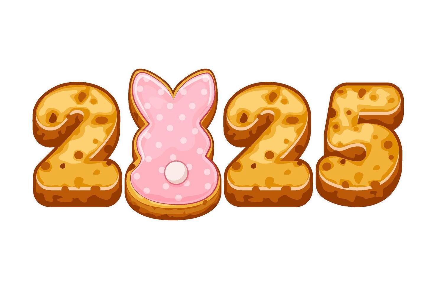 Gingerbread cookie numerals 2025 and bunny for your greeting card, stickers, invitations and many other designs. Sweet biscuit number and rabbit, Happy Easter. vector