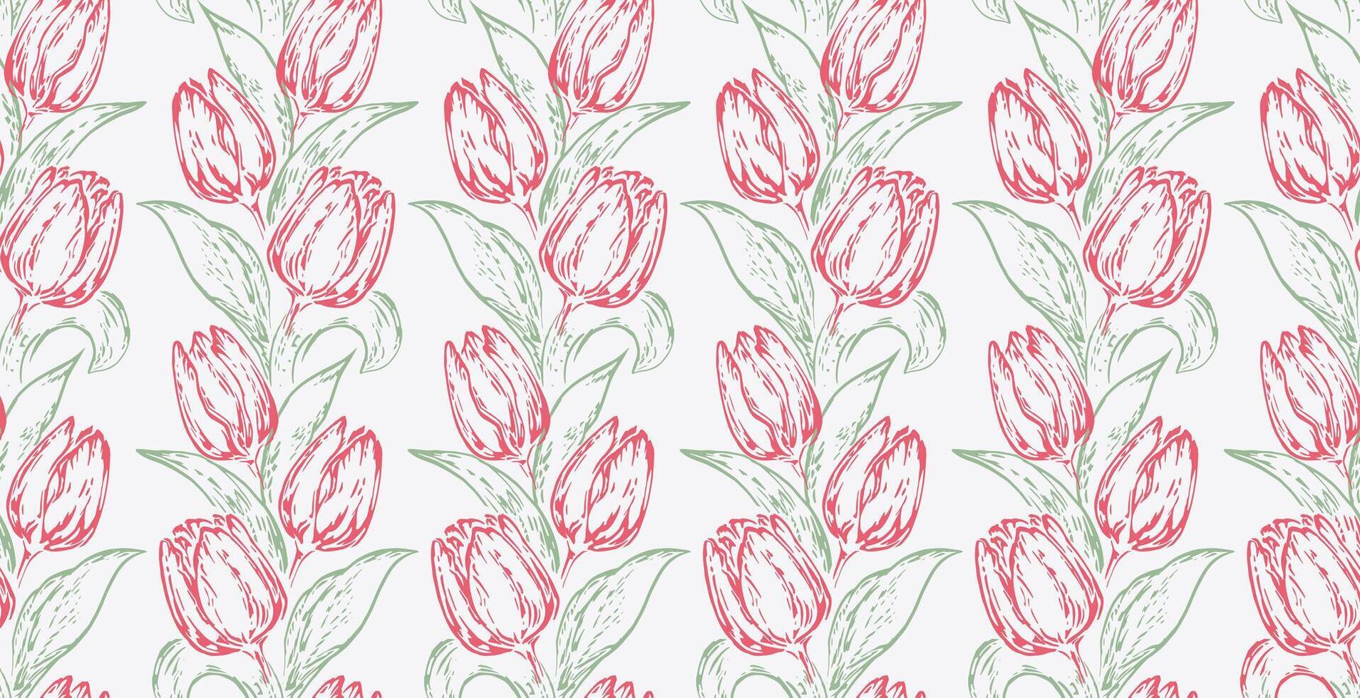 Summer seamless pattern with red flowers tulips and grean leaves. drawing abstract contour silhouettes, line, outlines floral print. Plain nature ornament for designs, textiles, cover, fabric vector