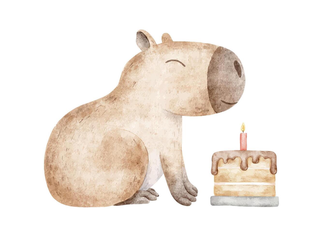 Capybara,cake with candle. Birthday celebration concepts featuring fluffy rodent. Hand drawn watercolor illustration of guinea pig for birthday cards, posters and product packaging. vector