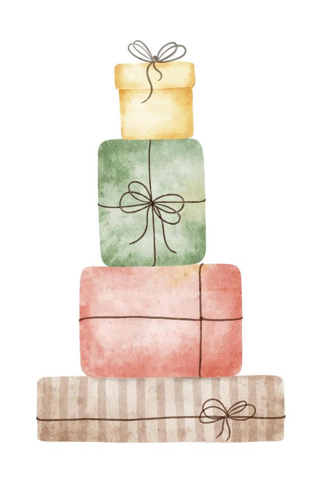 Pyramid of colorful Gift Boxes with bow. Isolated hand drawn watercolor illustration stack of simple presents for birthday party, Christmas, New Year cards, festive celebrations, holiday decorations vector