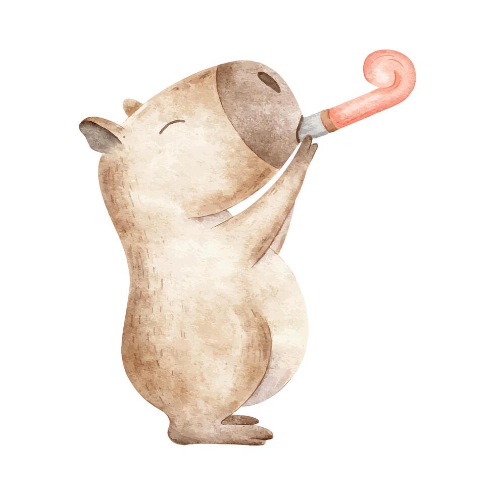 Capybara with red party whistle. Isolated hand drawn watercolor illustration of fluffy rodent and blower. Clipart for birthday party, anniversary, jubilee, festive celebrations, holiday decorations vector