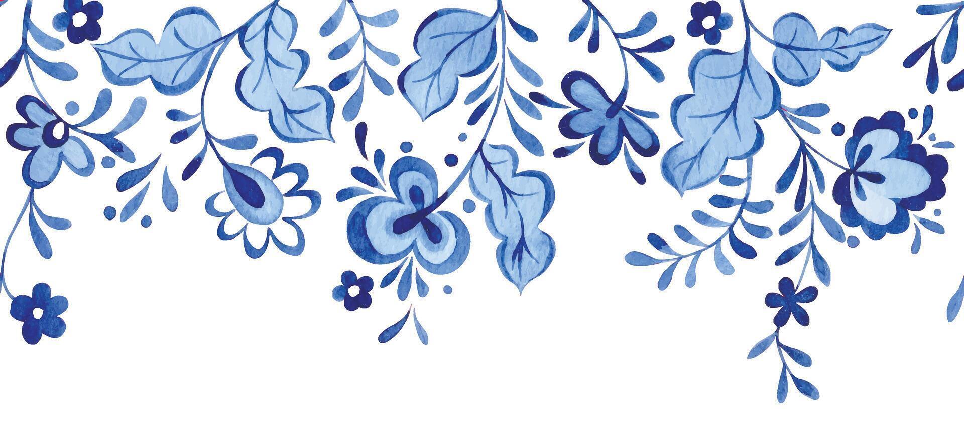 watercolor illustration, seamless border of blue ornaments. folk pattern vector