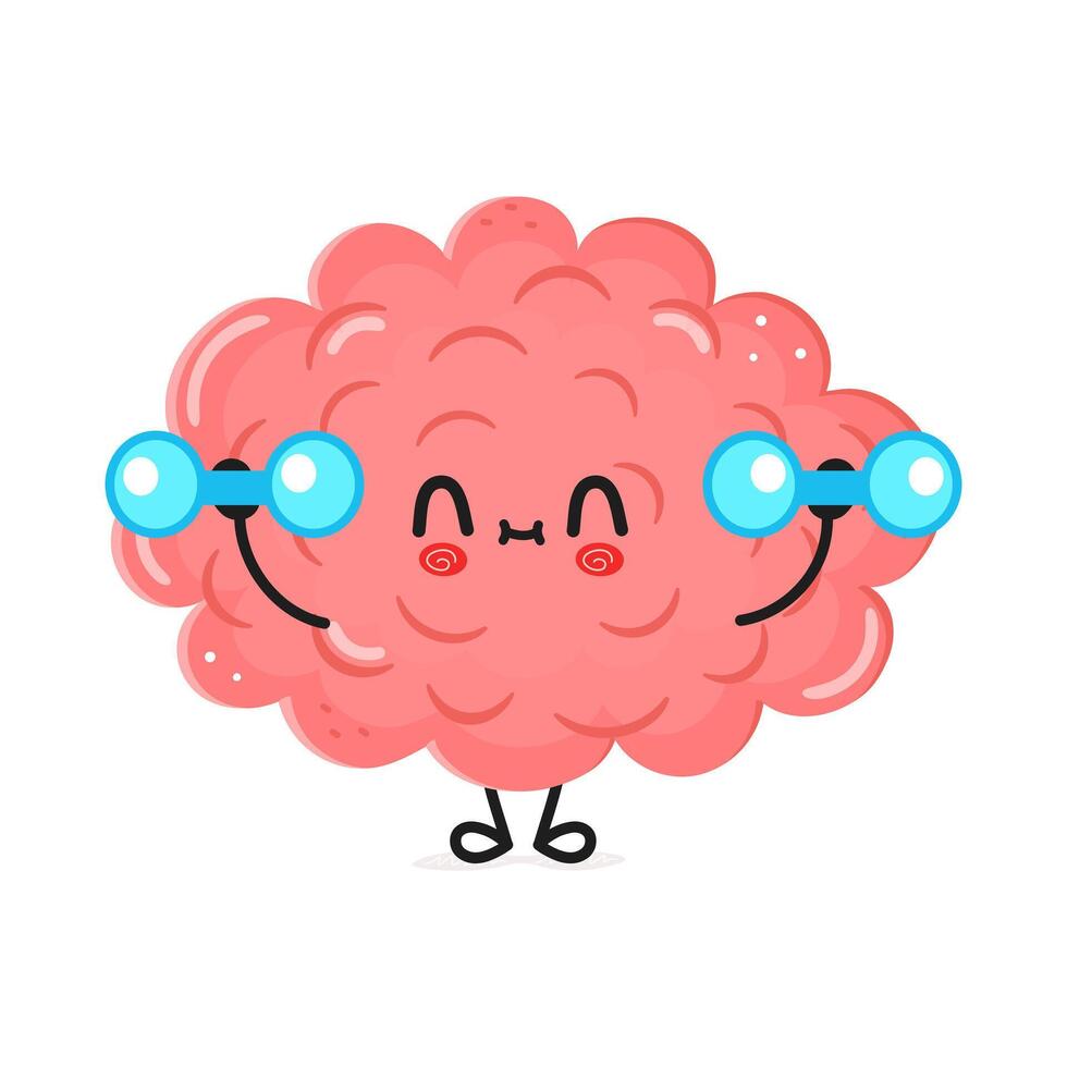 Cute Brain Character with Dumbbells. Isolated on white background. Brain character gym concept vector