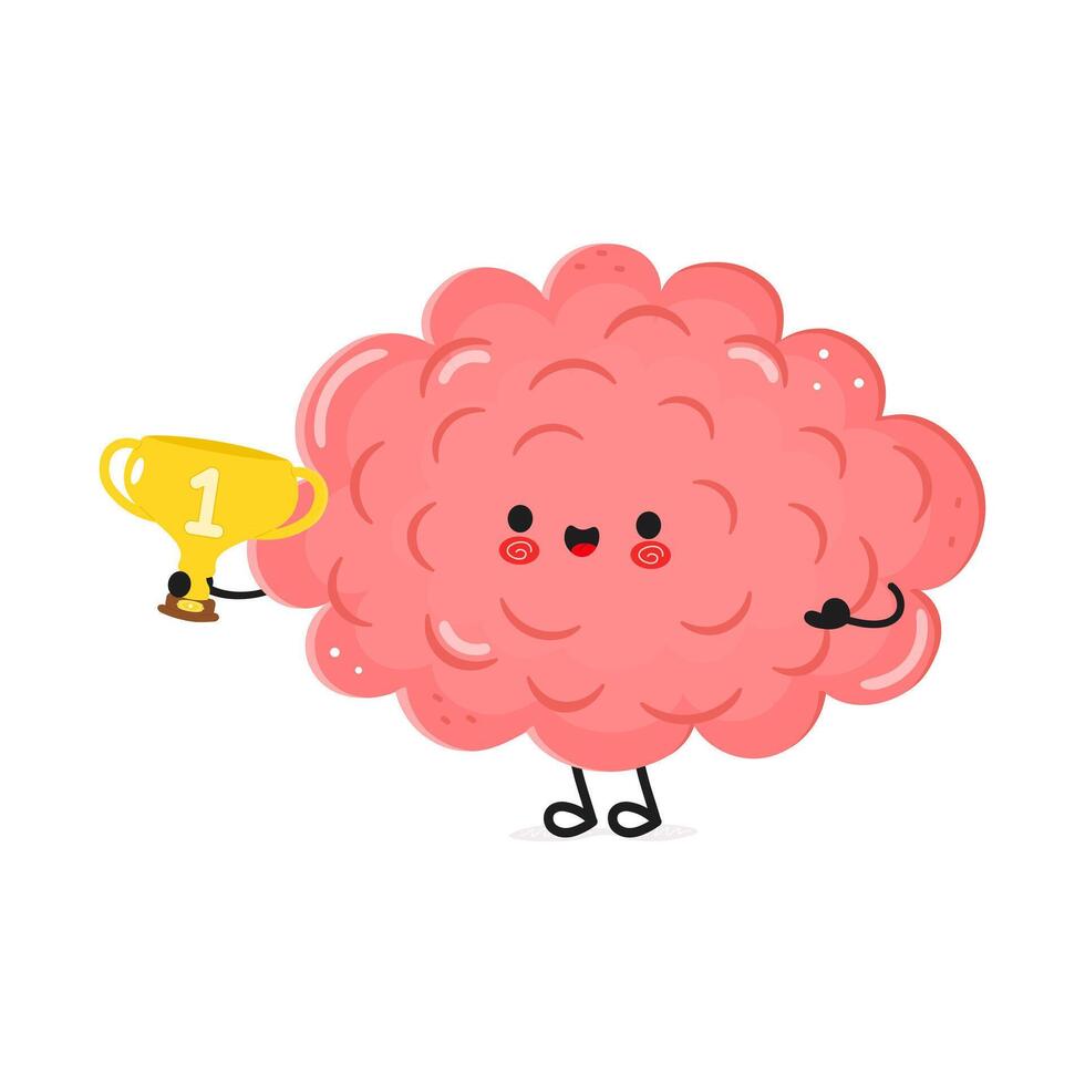 Cute cartoon brain character holding a trophy on white background vector