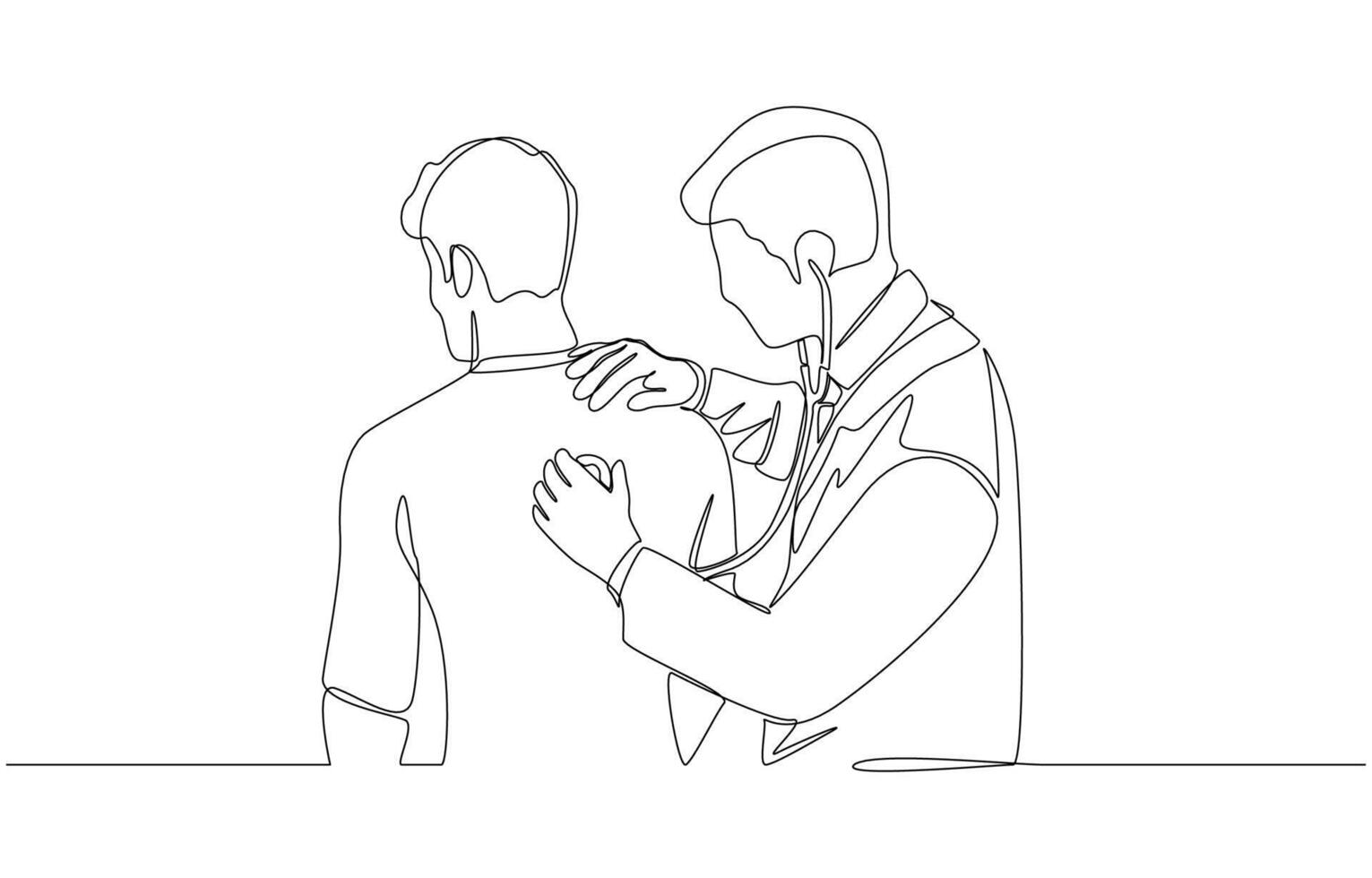 Continuous one line drawing of doctor using stethoscope to check lung function on back of patient, medical checkup, lung auscultation concept, single line art vector