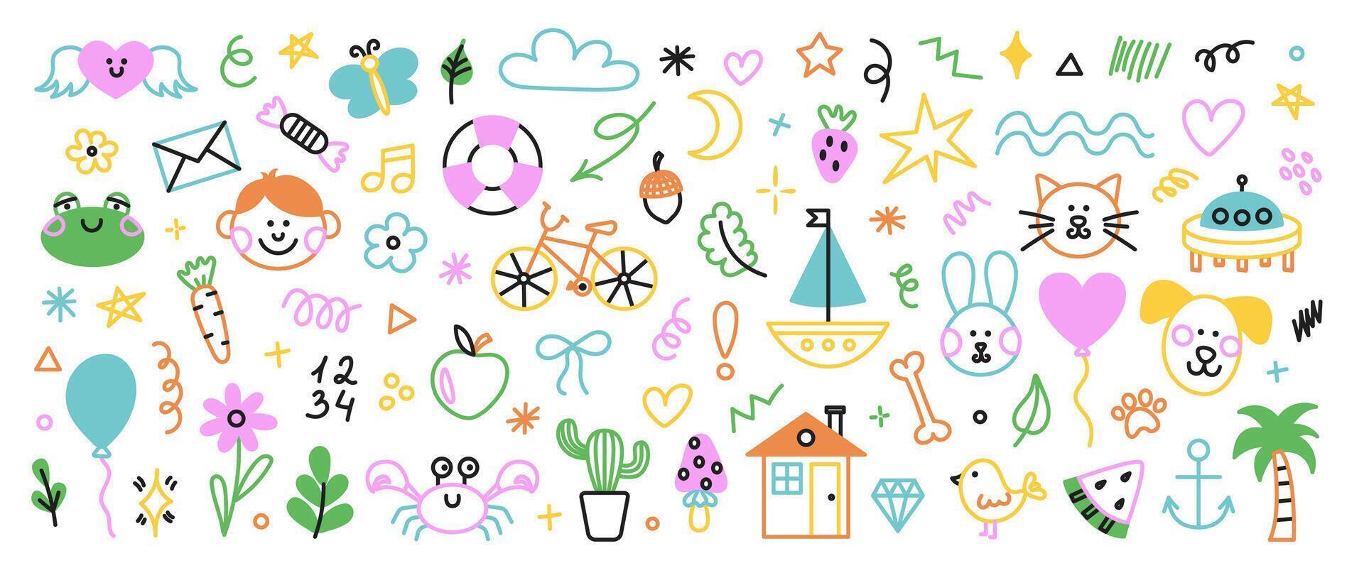 Cute hand drawn doodle set of simple kids decorative elements. Black collection of scribble, animal, flower, sun, cloud. illustration vector