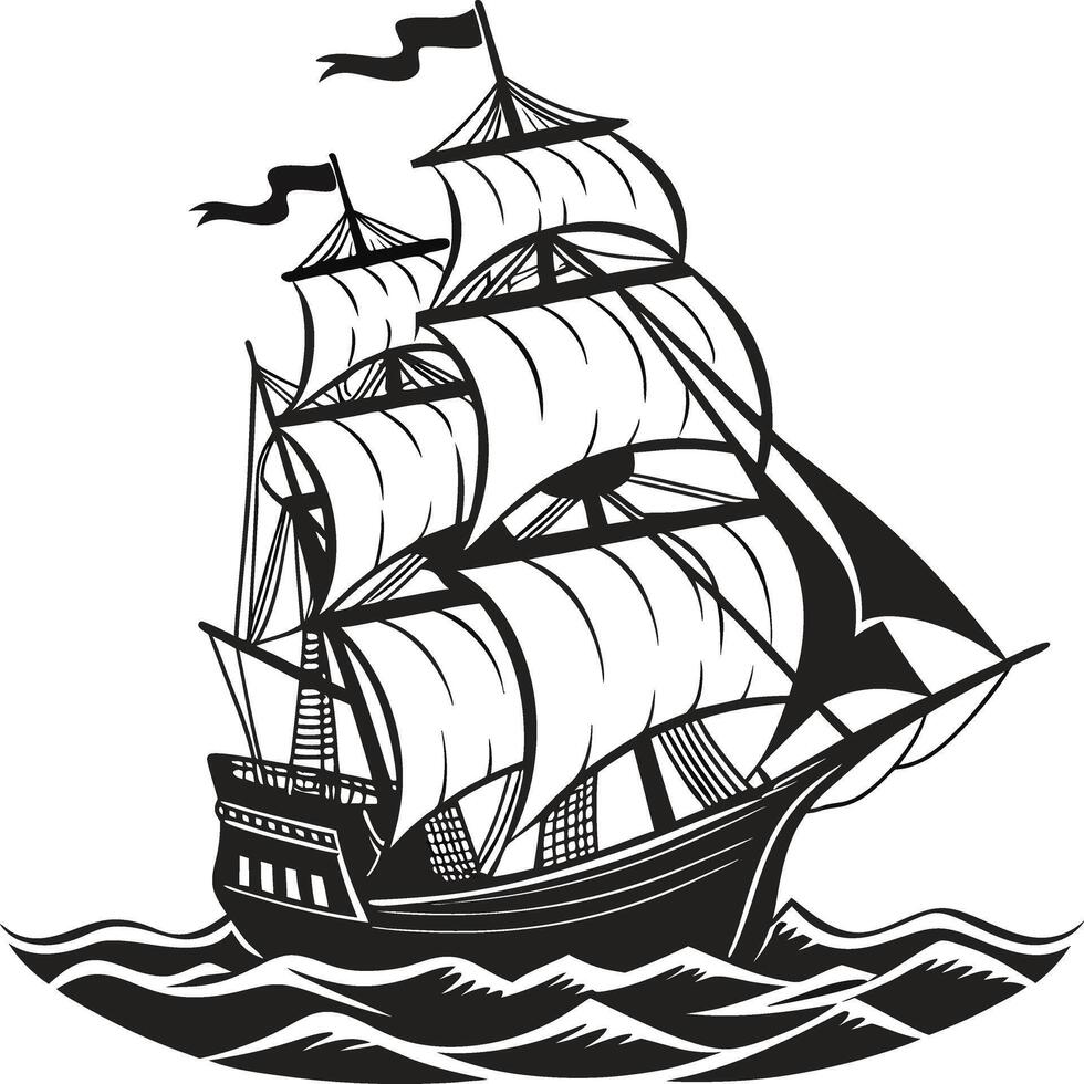 Vintage Sailing Ship Illustration in Black and White with Detailed Sails and Rigging vector