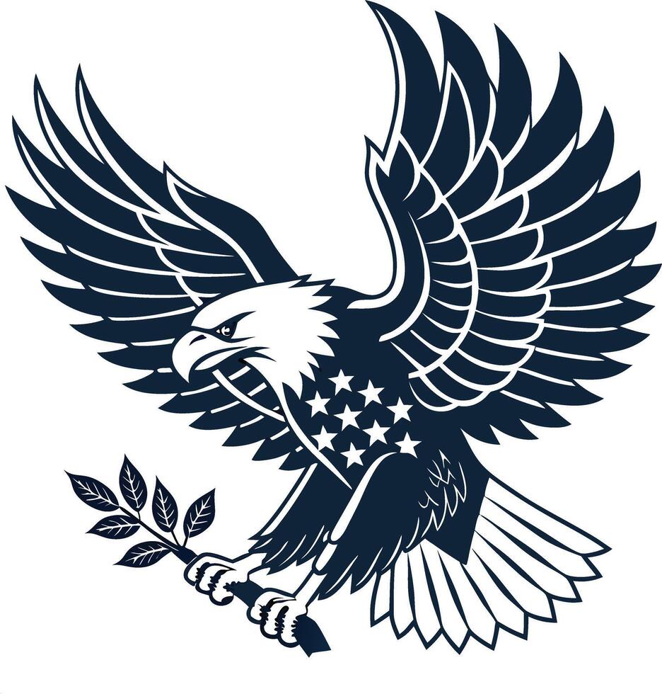 American Bald Eagle Emblem with Olive Branch and Stars Navy Blue and White vector