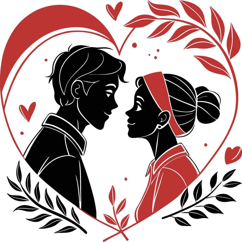 Valentine's Day Illustration with Couple Silhouette in Heart Shaped Frame and Floral Elements vector