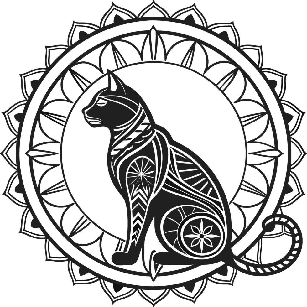 Ornate Cat Silhouette with Mandala Frame and Geometric Patterns Art vector