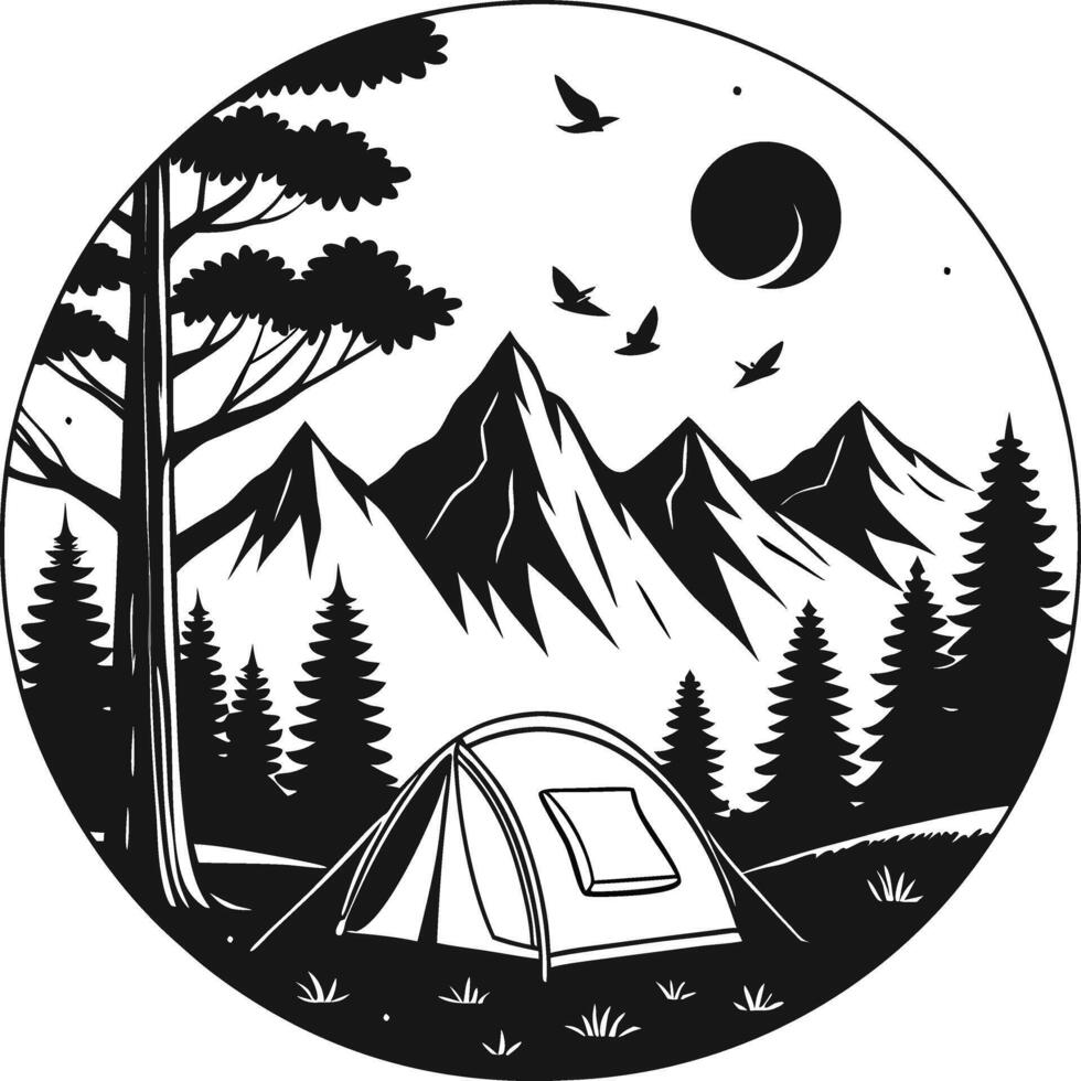 Circular Black and White Camping Scene with Tent, Mountains and Full Moon vector