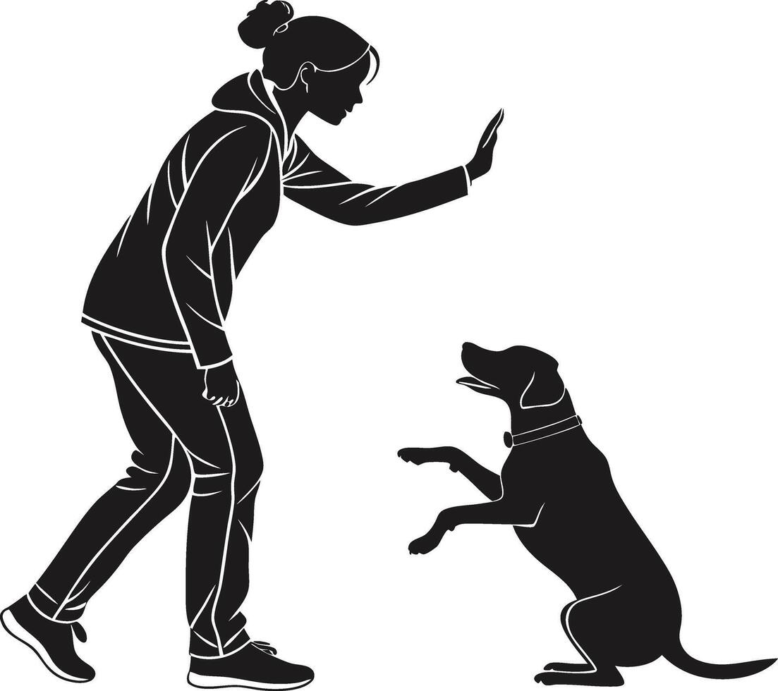 Silhouette of Woman Training Dog in Black and White Side View Illustration vector