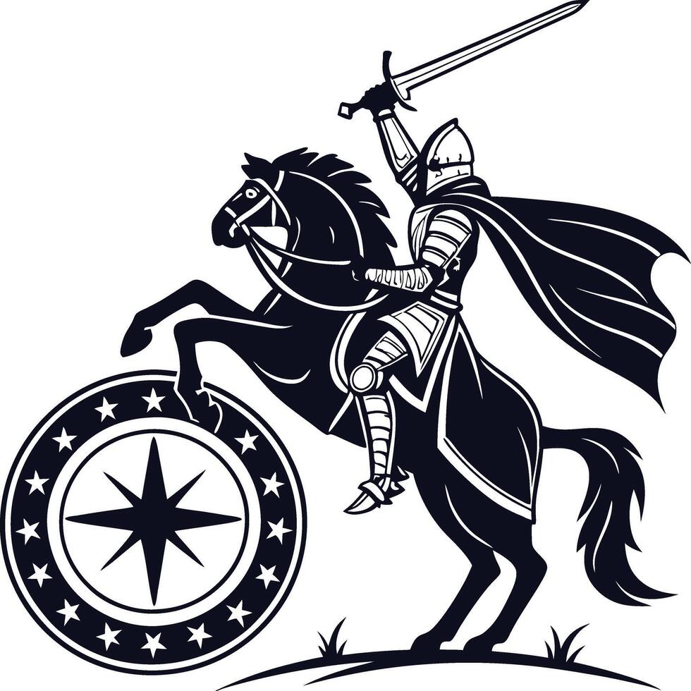 Medieval Knight on Rearing Horse with Compass Rose Shield Art vector