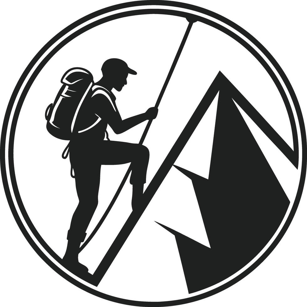 Circular Logo with Hiker Silhouette and Mountain Peak in Black and White vector