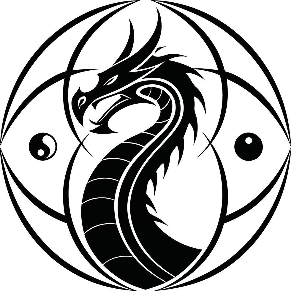 Black and White Stylized Dragon Silhouette with Yin Yang Symbols and Tribal Art Style vector
