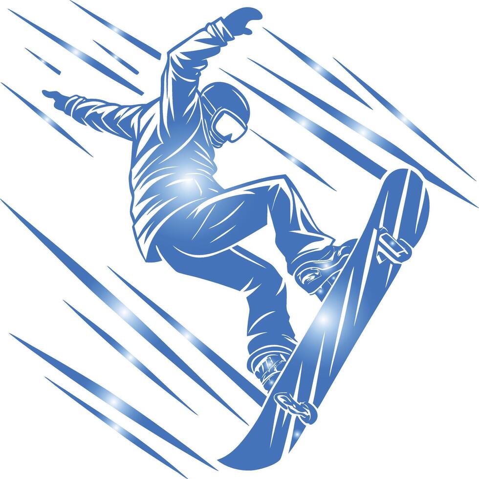 Stylized Snowboarder Silhouette in Dynamic Action Pose with Blue and White Color Scheme vector