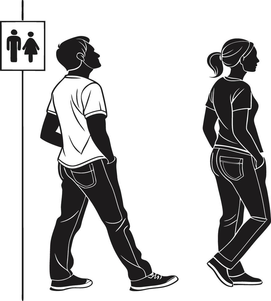 Stylized Human Figures in Side View Walking Poses Black and White Illustration vector