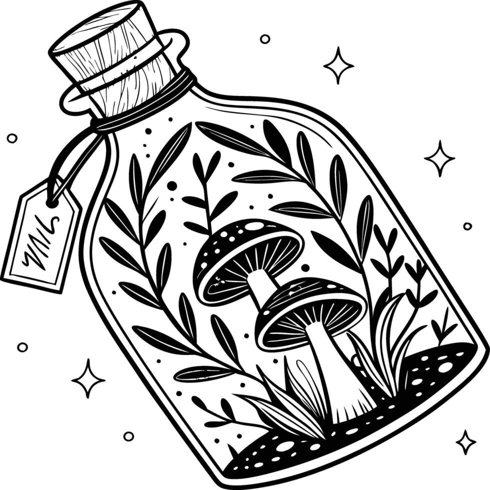 Glass Bottle Terrarium with Mushrooms and Leaves Black and White Botanical Illustration vector