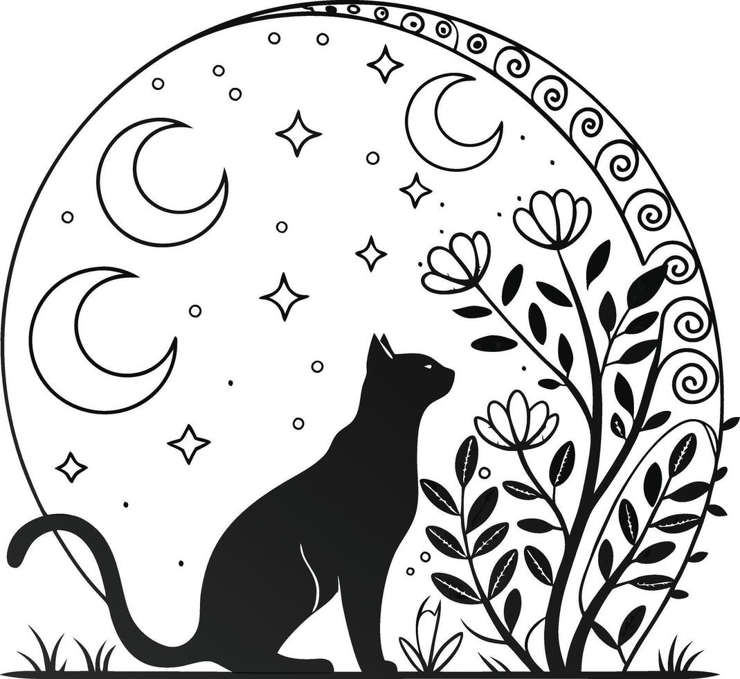 Black Cat Silhouette with Crescent Moons and Starry Night Sky in Art Nouveau Style vector
