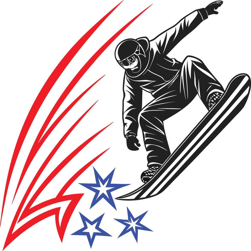 Stylized Snowboarder Illustration in Dynamic Motion with Red Swoosh Lines and Blue Stars vector