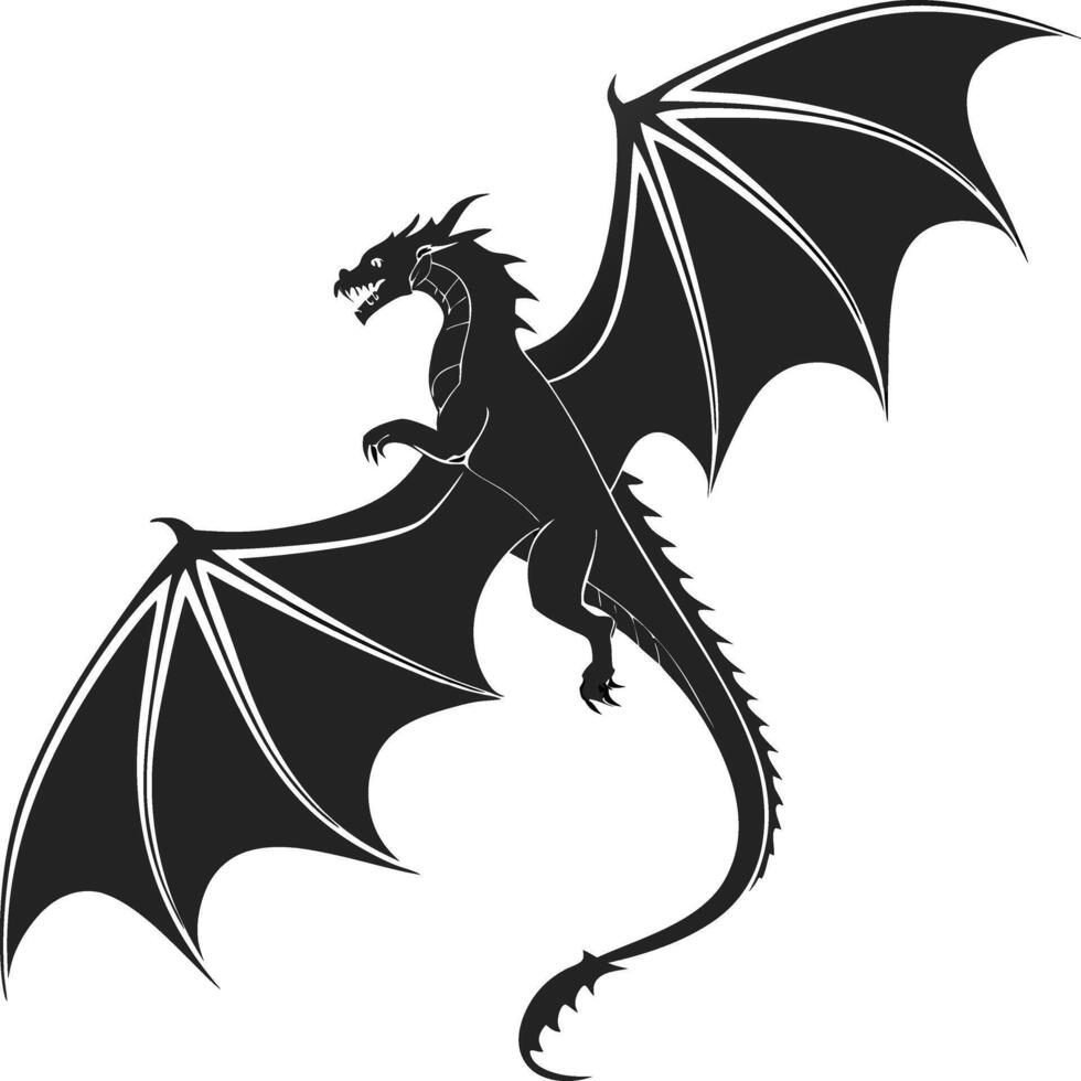 Dragon Silhouette Mythical Creature with Bat Wings Black and White Art vector