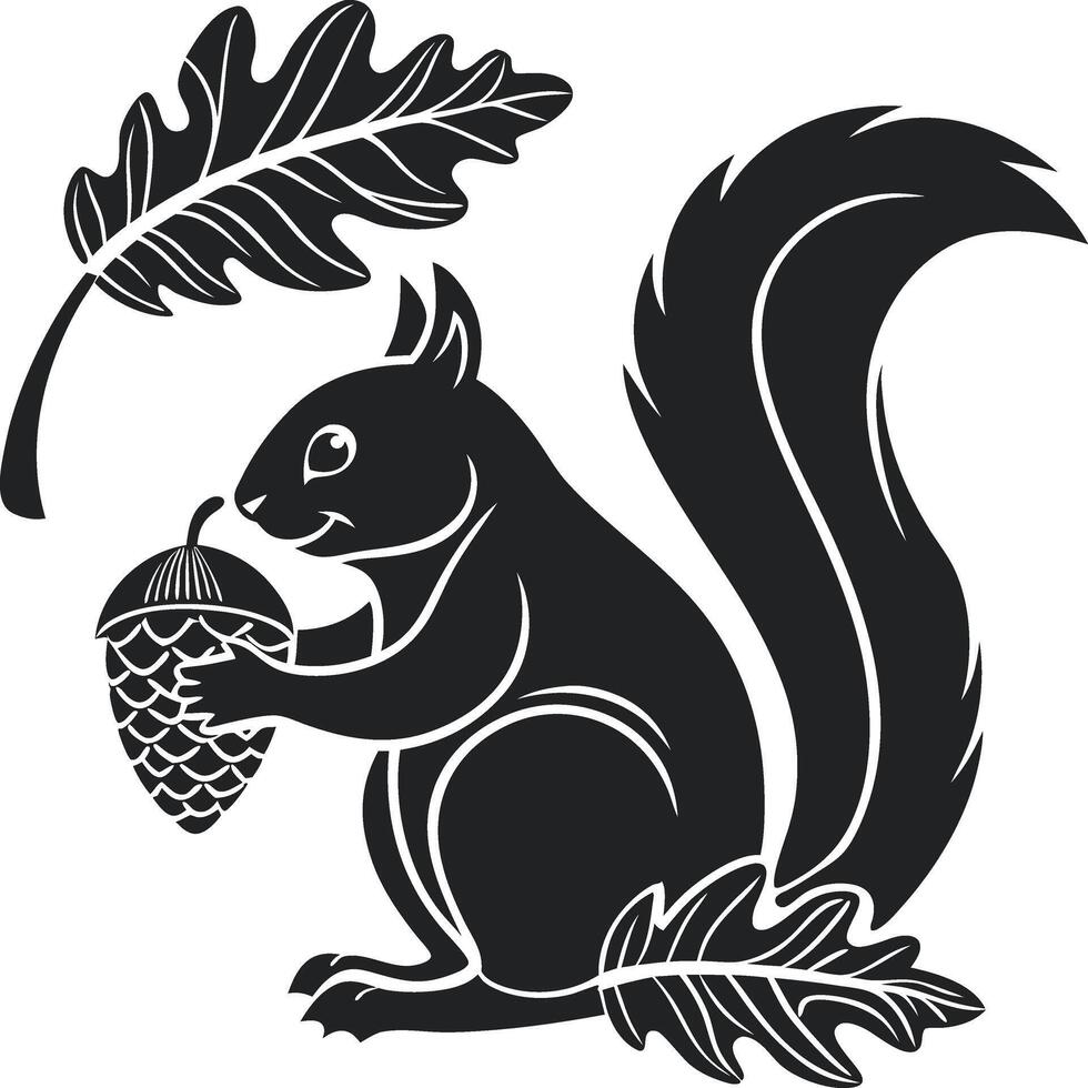 Black and White Squirrel Silhouette with Acorn and Oak Leaves in Stylized Wildlife Art vector