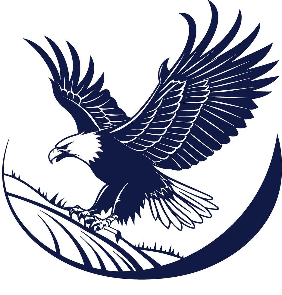 Majestic Bald Eagle Tribal Art Emblem with Crescent Moon Navy Blue Silhouette vector