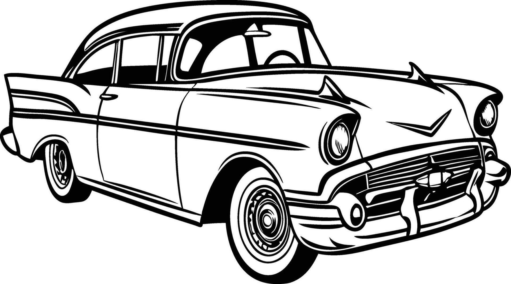 Classic 1950s American Car in Black and White Line Drawing with Retro Cartoon Style vector