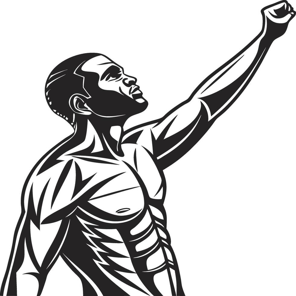 Muscular Male Figure in Defiant Pose with Raised Fist in Black and White Illustration vector