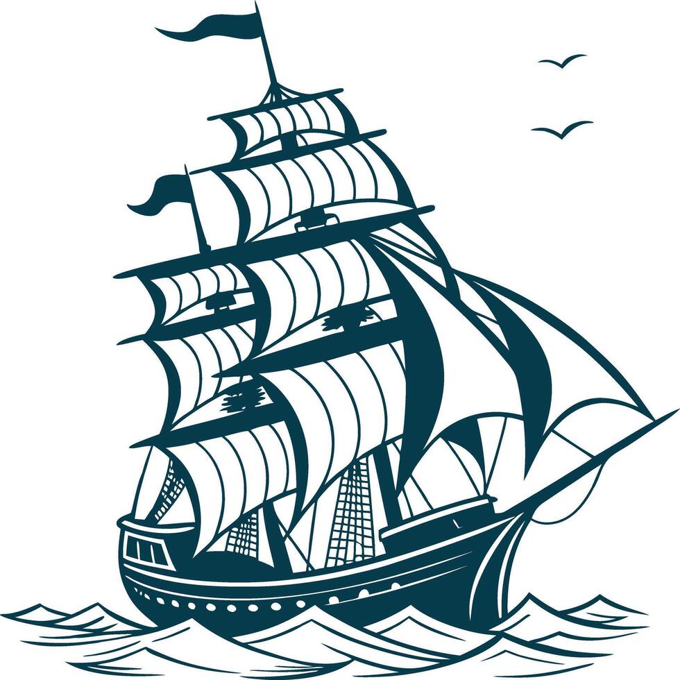 Vintage Sailing Ship with Billowing Sails Monochrome Art vector