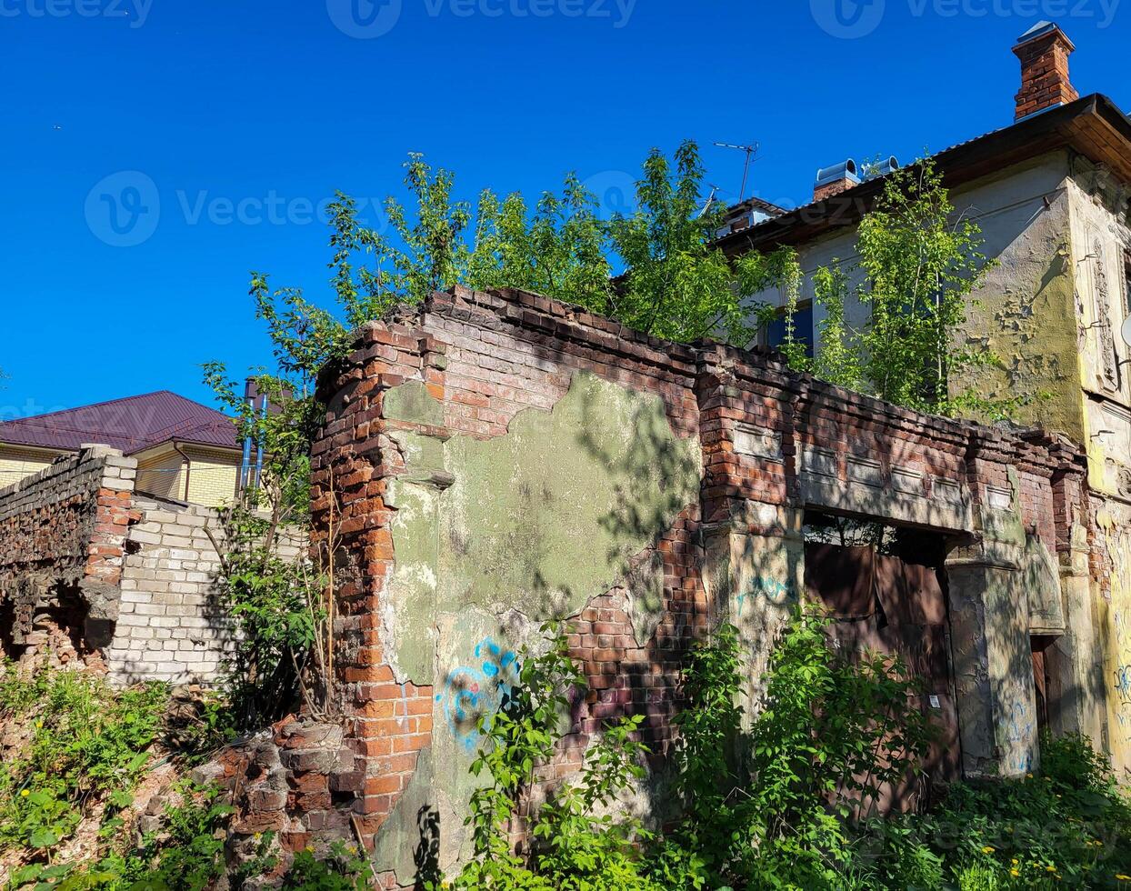 City ruins of a house overgrown with trees against a blue sky. photo